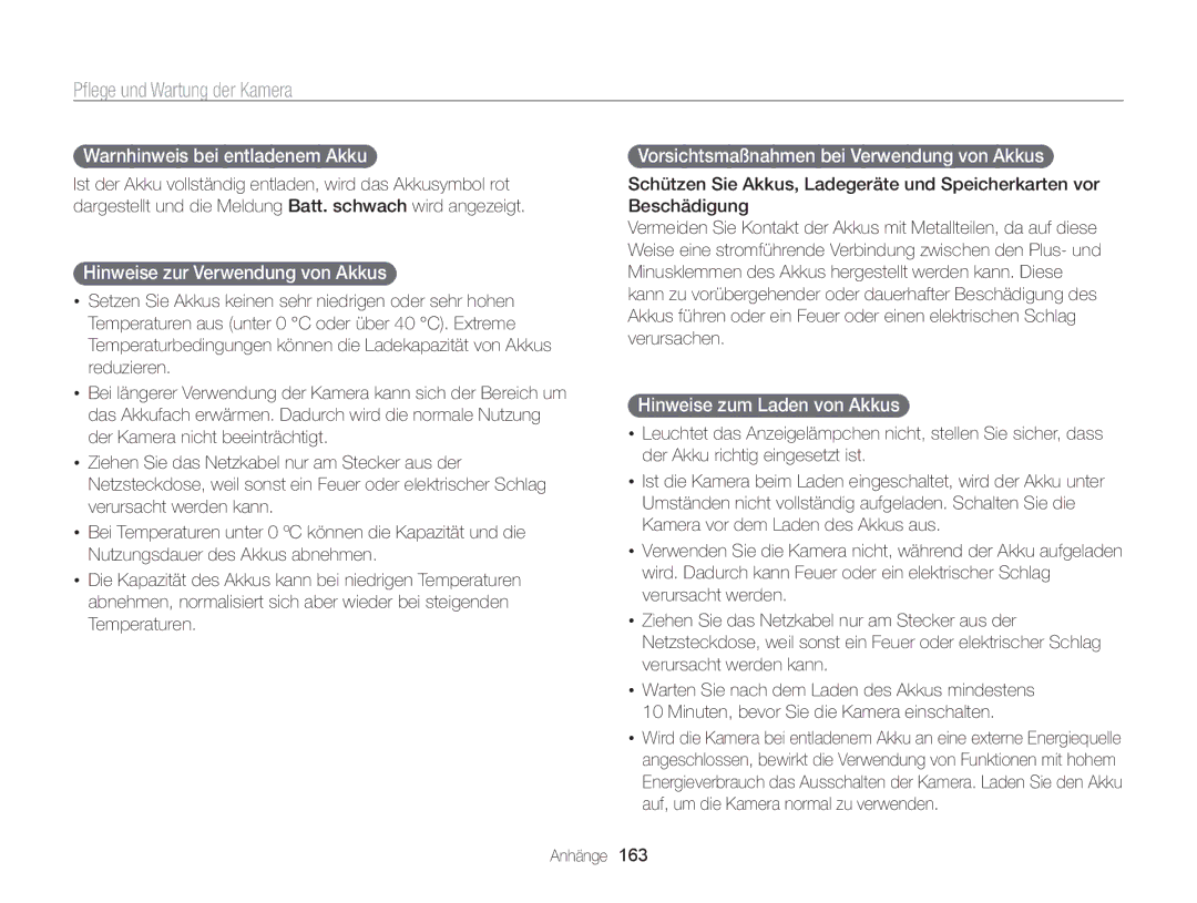 Samsung WB850F, WB855F Warnhinweis bei entladenem Akku , Hinweise zur Verwendung von Akkus , Hinweise zum Laden von Akkus  